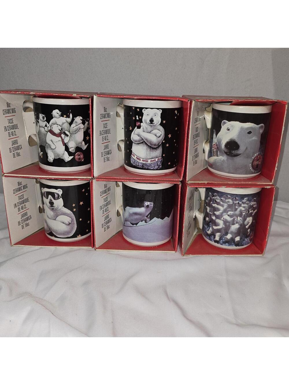 Vintage 1996 Coca Cola Polar Bear Mugs Set 6 Gibson 16oz New In Box NIB 90s Coke